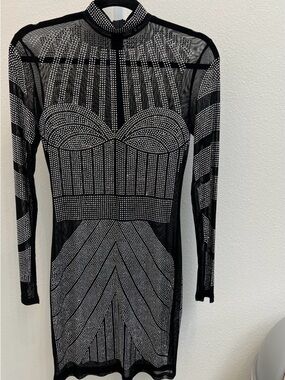 AKIRA Black Sheer Rhinestone Bodycon Dress